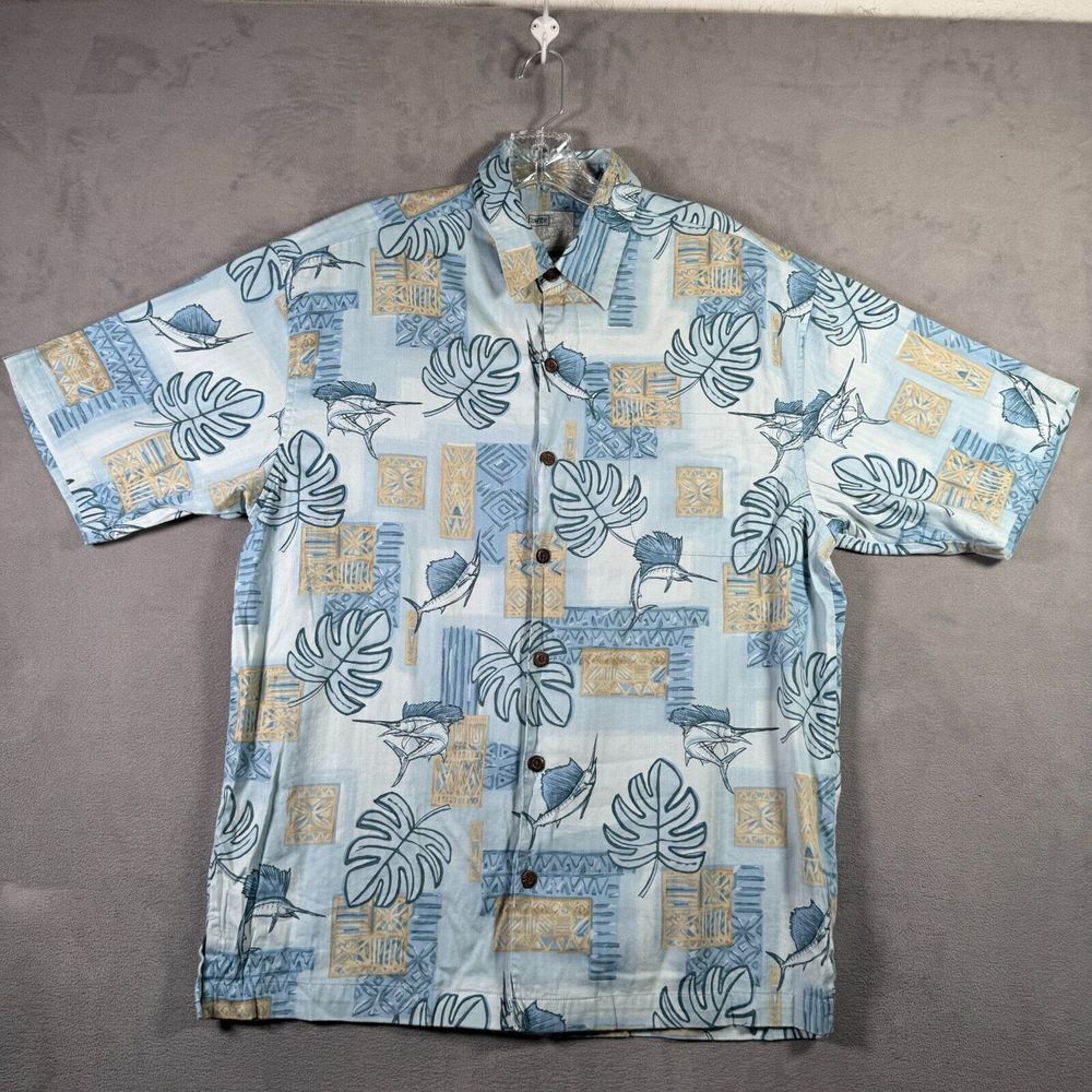 AFTCO Shirt Mens M Blue Palm Fish Hawaiian Camp Short Sleeve Button Up Tropical
